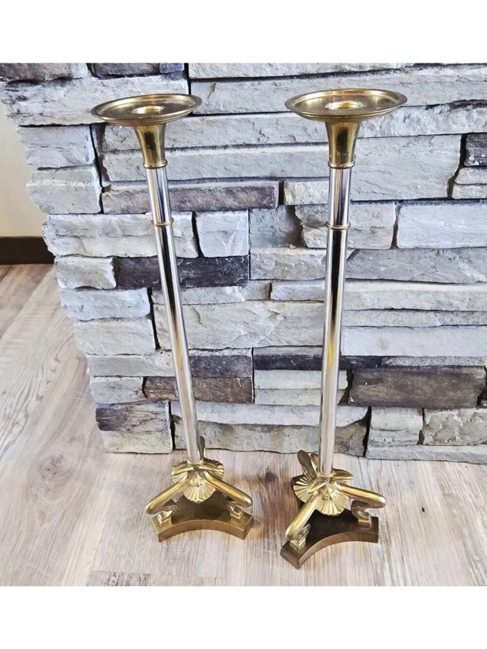 2 Art Nouveau Large Candlesticks Candle Holders Two Tone Brass & Silver 22